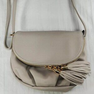 Crossbody Triple Zipper Bag Purse Handbag Light Gray Faux Leather with Tassels